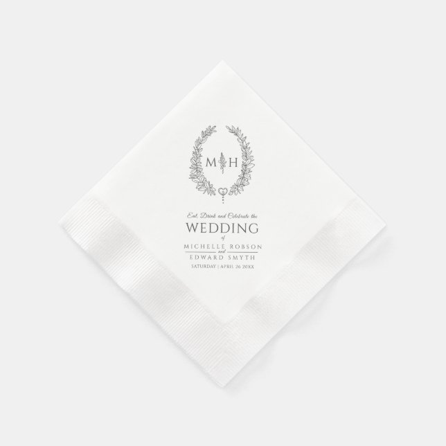 Dark gray leaf oval wreath monogram art wedding napkins (Corner)