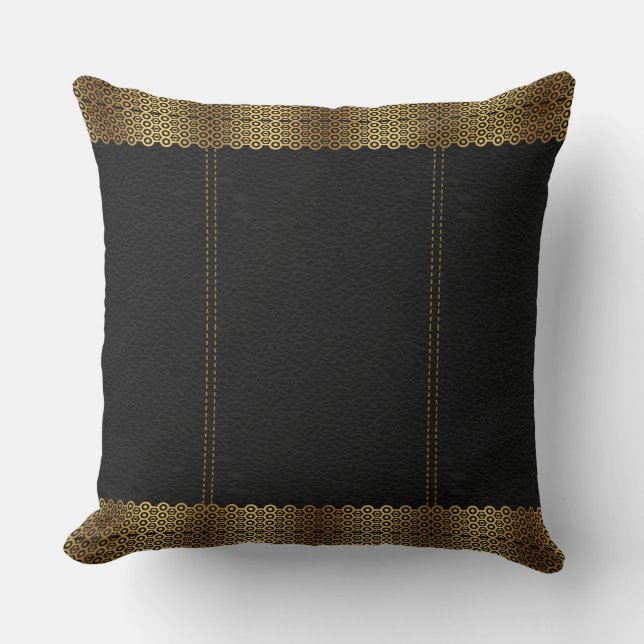 Dark Gray Leather & Gold Geometric Border Throw Pillow (Front)