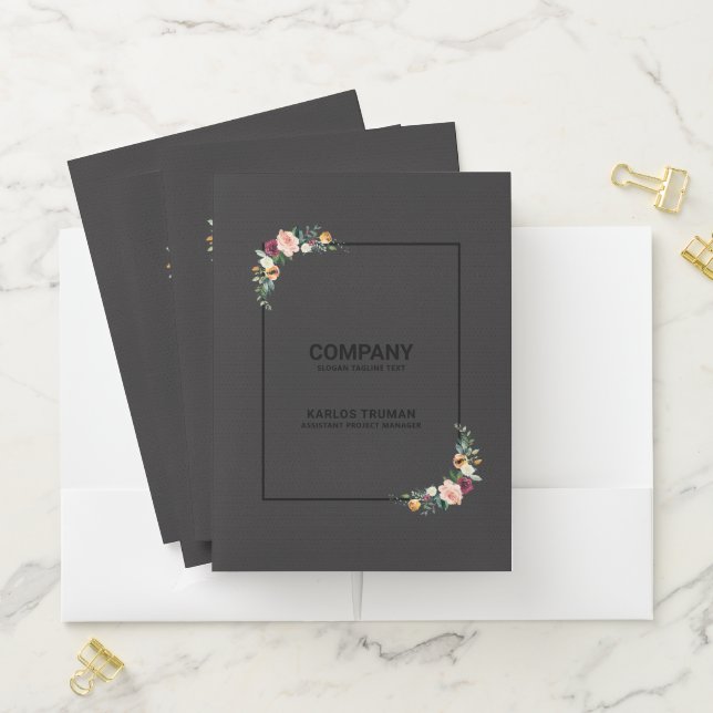 Dark gray leather leather & flowers bouquet pocket folder (In Situ)