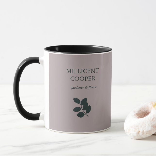 Dark gray leaves silhouette purple mug (With Donut)