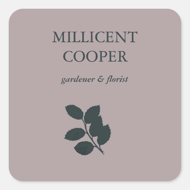 Dark gray leaves silhouette purple square sticker (Front)