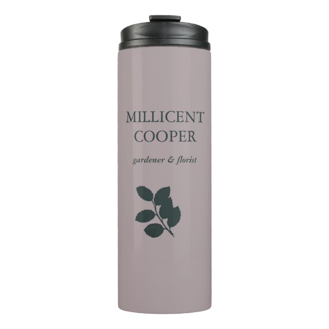 Dark gray leaves silhouette purple thermal tumbler (Front)