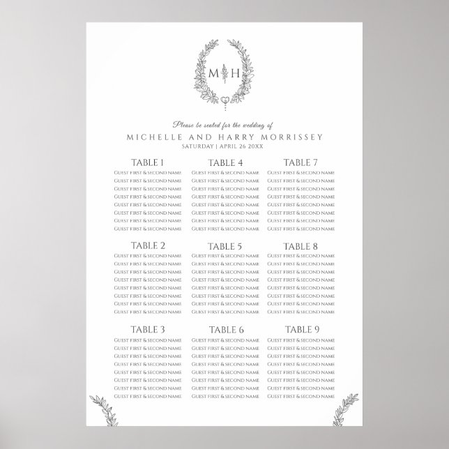Dark gray leaves wreath wedding seating chart (Front)