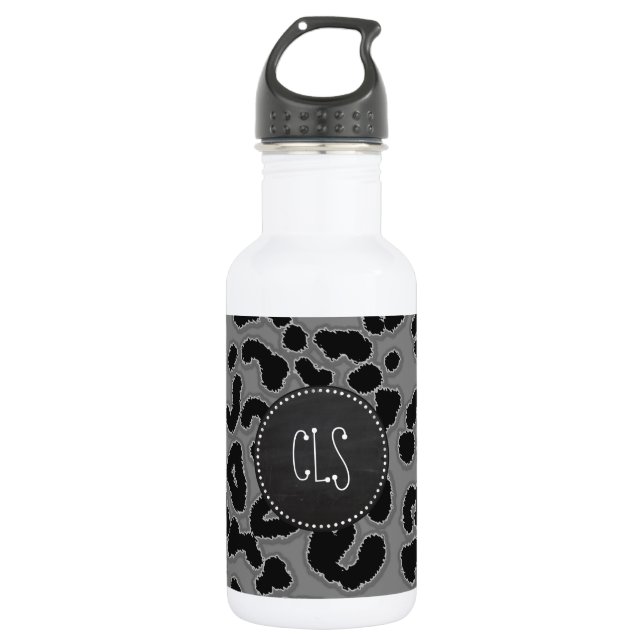 Dark Gray Leopard Animal Print; Chalkboard look Water Bottle (Front)