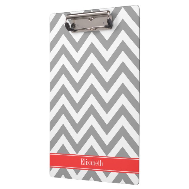 Dark Gray Lg Chevron Coral Red Name Monogram Clipboard (Left)