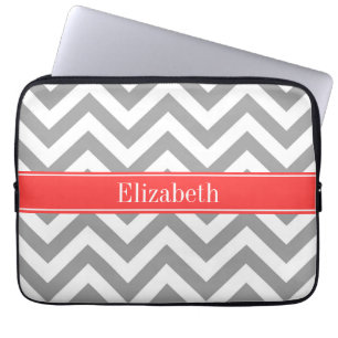 Dark Gray Lg Chevron Coral Red Name Monogram Laptop Sleeve