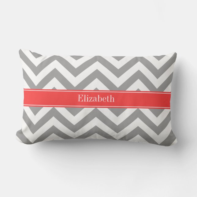 Dark Gray Lg Chevron Coral Red Name Monogram Lumbar Pillow (Front)