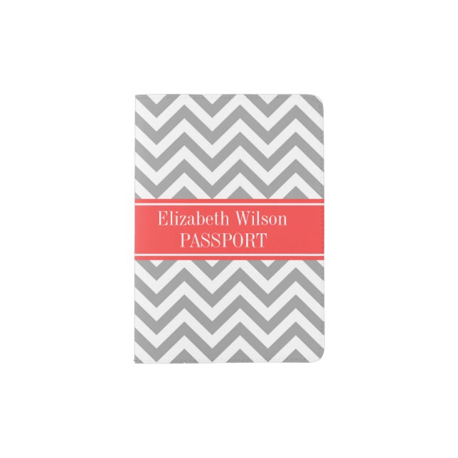 Dark Gray Lg Chevron Coral Red Name Monogram Passport Holder (Front)