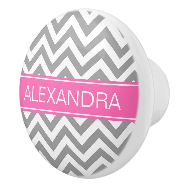 Dark Gray Lg Chevron Hot Pink #2 Name Monogram Ceramic Knob (Right)