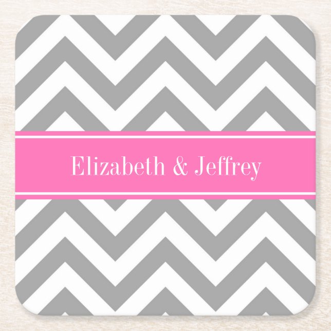 Dark Gray Lg Chevron Hot Pink #2 Name Monogram Square Paper Coaster (Front)
