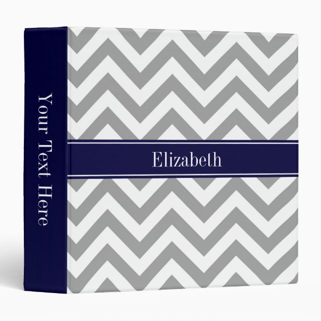 Dark Gray Lg Chevron Navy Blue Name Monogram Binder (Front/Spine)