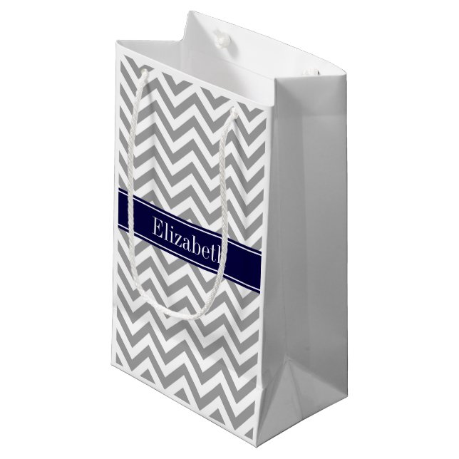 Dark Gray Lg Chevron Navy Blue Name Monogram Small Gift Bag (Front Angled)
