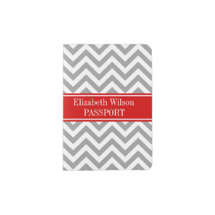 Dark Gray Lg Chevron Red Name Monogram Passport Holder