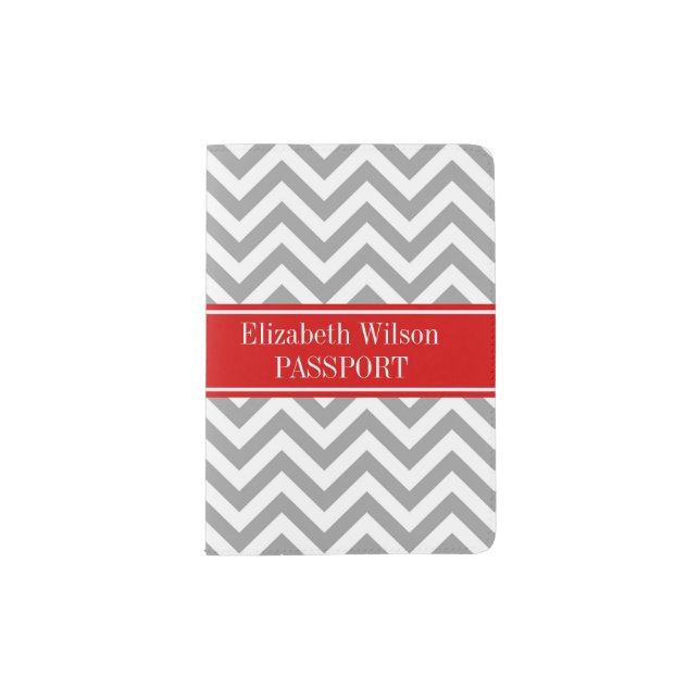 Dark Gray Lg Chevron Red Name Monogram Passport Holder (Front)