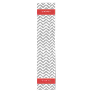 Dark Gray Lg Chevron Red Name Monogram Short Table Runner