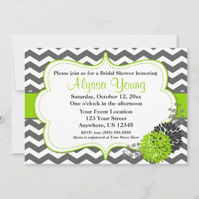 Dark Gray Lime Green Chevron Invitation (Front)