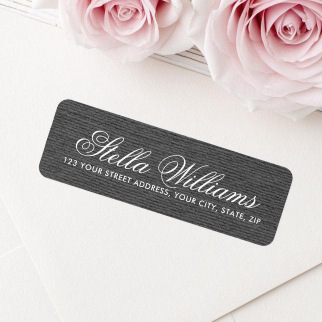 Dark gray linen romantic script return address label (Dark gray linen romantic script return address label)