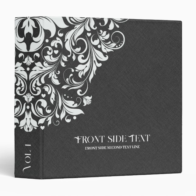 Dark Gray Linen Texture White floral lace 3 Ring Binder (Front/Spine)