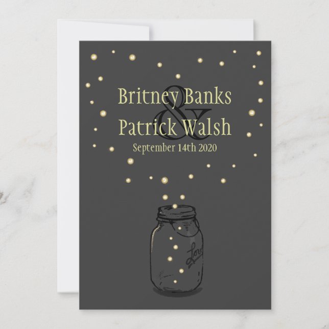 Dark Gray Mason Jar Firefly Wedding Invitations (Front)