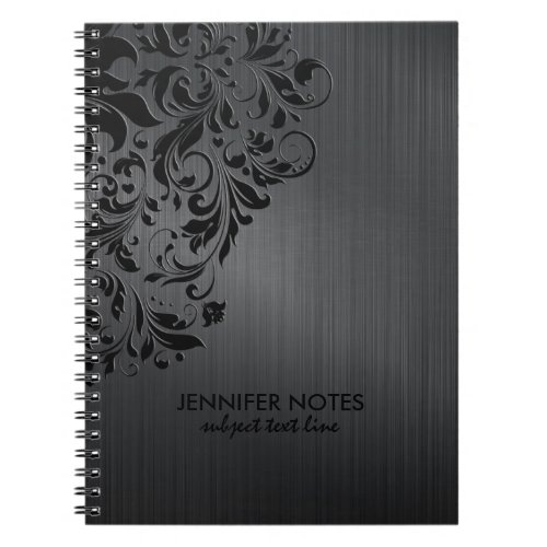 Dark Gray Metallic Texture  Black Floral Lace Notebook