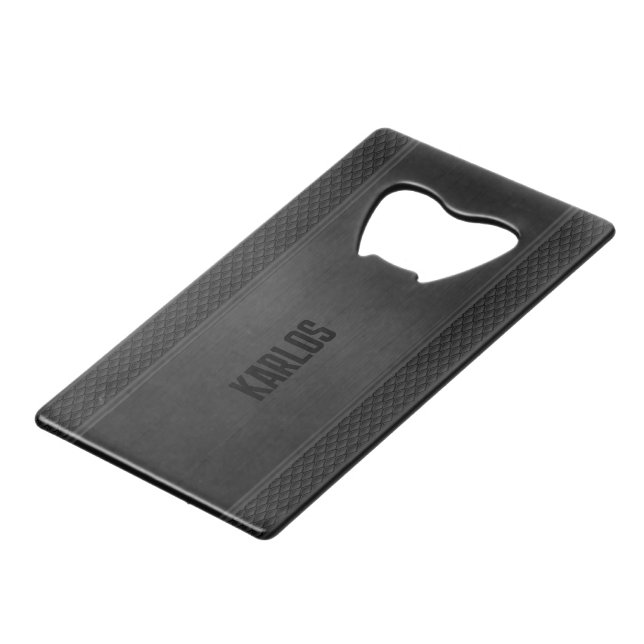 Dark-gray metallic texture credit card bottle opener (Back Angled)