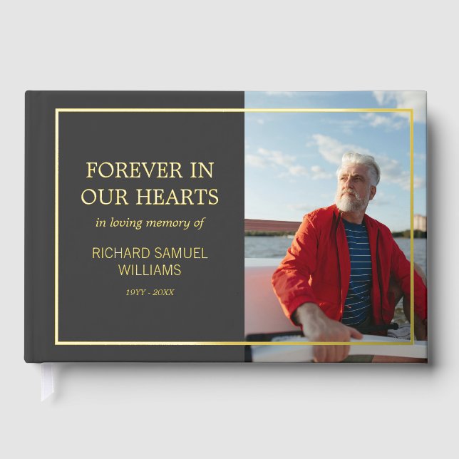 Dark Gray Minimalist Photo In Loving Memory Foil Guest Book (Front)