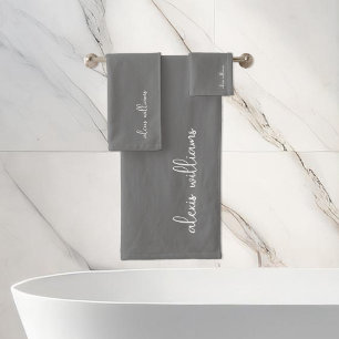 Dark Gray Minimalist Script Signature Monogram Bath Towel Set