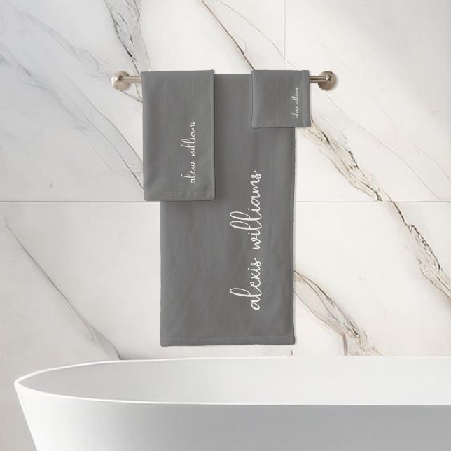 Dark Gray Minimalist Script Signature Monogram Bath Towel Set (Creator Uploaded)
