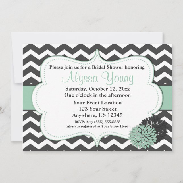 Dark Gray Mint Chevron Invitation (Front)