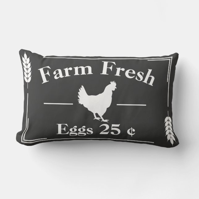 Dark Gray Modern Farmhouse Farm Fresh Eggs Hen Lumbar Pillow (Front)