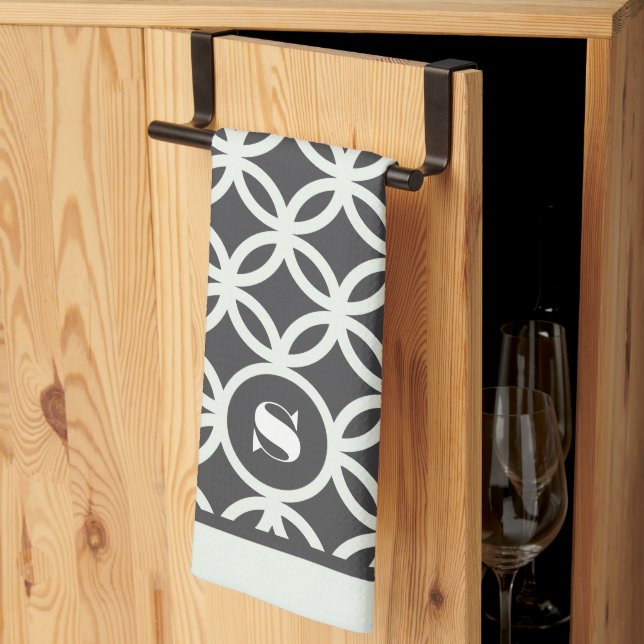 Dark Gray Modern Geometric Pattern Monogram  Kitchen Towel (Thirds Fold)