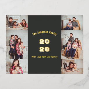 Dark Gray Modern Multi Photo Family Year Foil Holiday Postcard