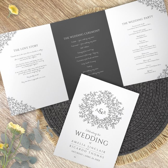 Dark gray monogram art story dedication wedding Tri-Fold program (Creator Uploaded)