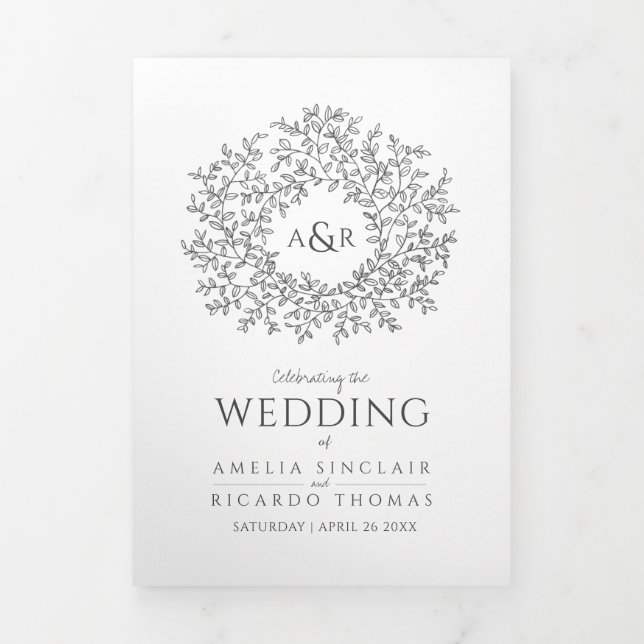Dark gray monogram art story dedication wedding Tri-Fold program (Cover)
