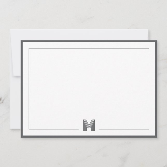 Dark Gray Monogram Double Border Stationery Note Card (Front)