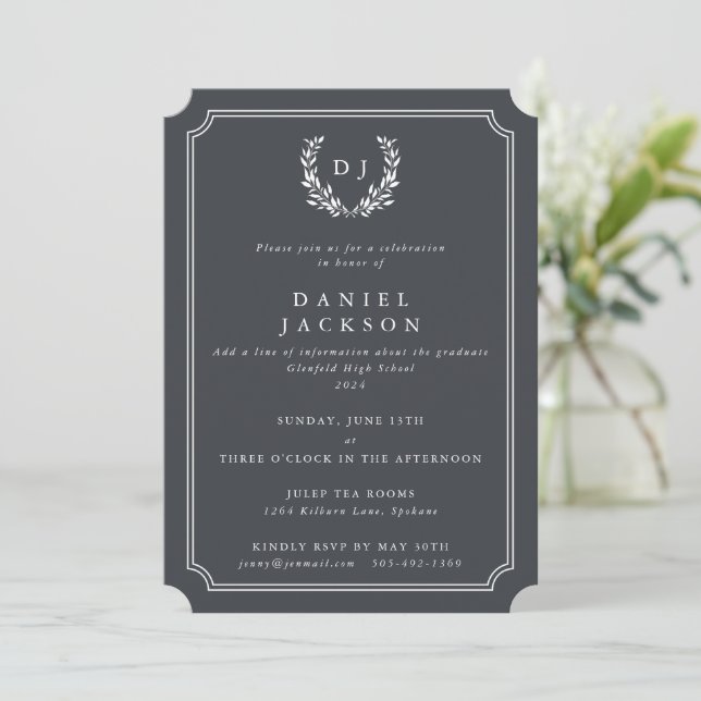Dark Gray Monogram Laurel Wreath Graduation Invitation (Standing Front)