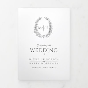 Dark gray monogram wreath story dedication wedding Tri-Fold program