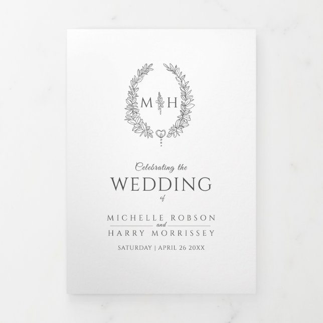 Dark gray monogram wreath story dedication wedding Tri-Fold program (Cover)