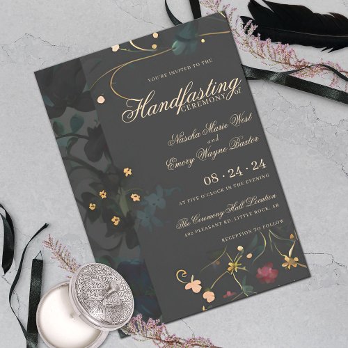 Dark Gray Moody Boho Abstract Floral Handfasting Invitation