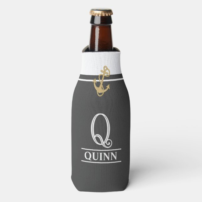 Dark Gray Nautical Monogrammed Bottle Cooler (Bottle Front)