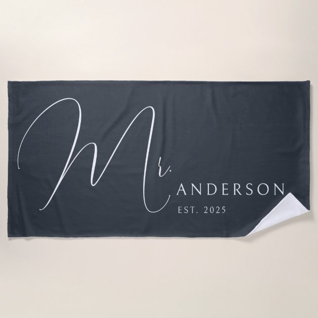 Dark Gray Newlyweds Mr Name Personalized Honeymoon Beach Towel (Front)