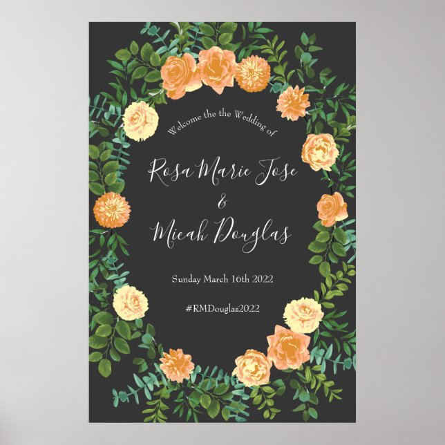 Dark Gray Peach Wedding Modern Floral Poster (Front)