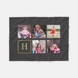 Dark Gray Photo Collage Monogram Fleece Blanket