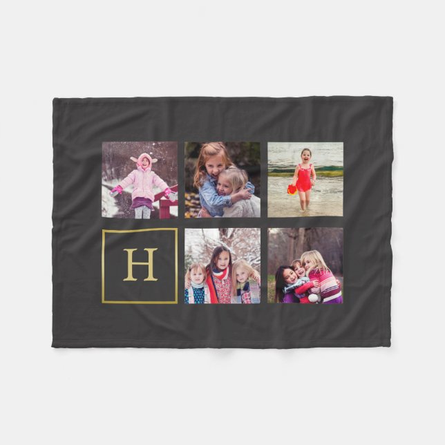 Dark Gray Photo Collage Monogram Fleece Blanket (Front (Horizontal))
