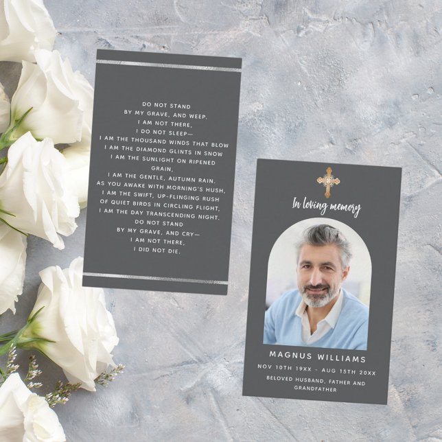 Dark gray photo cross arch funeral prayer card (Creator Uploaded)