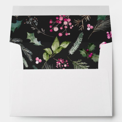 Dark Gray Pink Greenery Botanical Christmas White Envelope