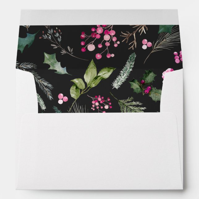 Dark Gray Pink Greenery Botanical Christmas White Envelope (Back (Bottom))