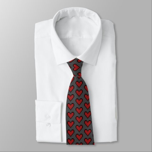 Dark gray pixelated heart pattern neck tie gift