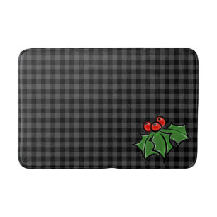 Dark Gray Plaid with Holly Sprigs Bath Mat
