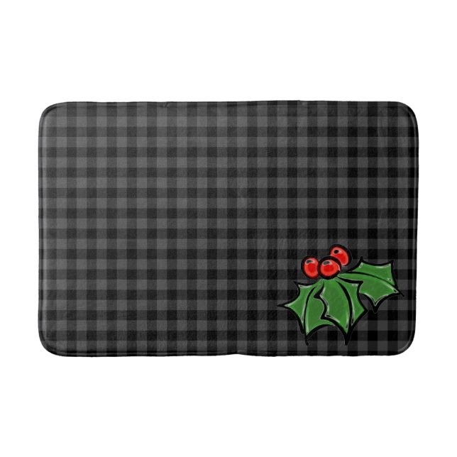 Dark Gray Plaid with Holly Sprigs Bath Mat (Front)